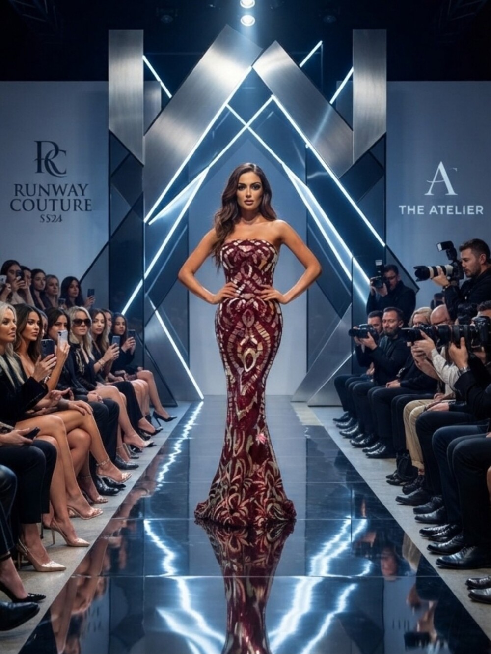 Burgundy All Over Print, Sequined,  Strapless,  Mermaid Maxi Gown